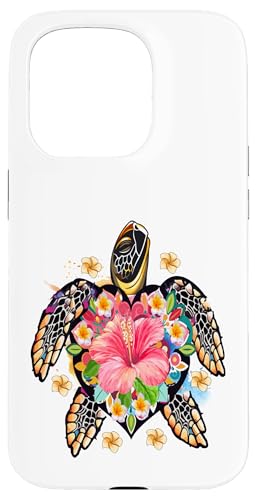 Hülle für iPhone 15 Pro Frauen florale Hibiskus mit Schildkröte lustige Schildkröten von Frauen Blumenblumen Boho Grafik