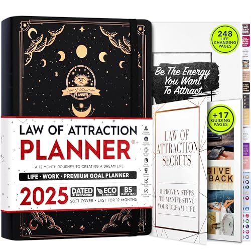 Law of Attraction Terminplaner 2025 - Deluxe Wochen- und Monatsplaner, eine 12-monatige Reise zur Steigerung der Produktivität und des Glücks, Life Organizer, Gratitude Journal, Sticker, Geschenkbox von Freedom Mastery