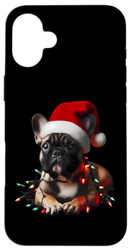 Hülle für iPhone 16 Plus Französische Bulldogge mit Weihnachtsmütze und Weihnachtsbeleuchtung Hundebesitzer von French Bulldog Christmas Products