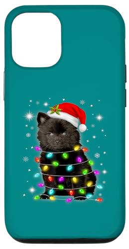 Hülle für iPhone 12/12 Pro Schwarzer Pommernhund mit Lichterkette und Weihnachtsmütze von Frohe Woofmas – Xmas Geschenke für Hundebesitzer