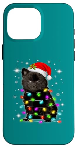 Hülle für iPhone 16 Pro Max Schwarzer Pommernhund mit Lichterkette und Weihnachtsmütze von Frohe Woofmas – Xmas Geschenke für Hundebesitzer