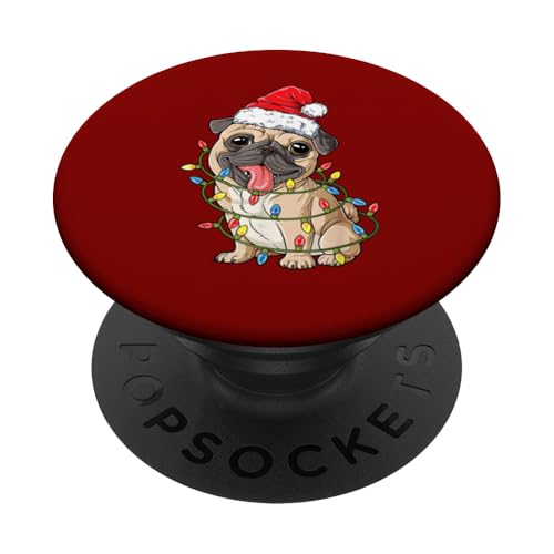 Süßer Mops-Hund mit Lichterkette und Weihnachtsmütze PopSockets Klebender PopGrip von Frohe Woofmas – Xmas Geschenke für Hundebesitzer