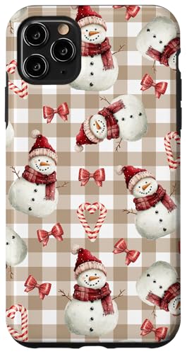 Hülle für iPhone 11 Pro Max Winterschneemänner und Zuckerstangen auf Retro Beige Gingham von Frostige Weihnachtsfest-Designs