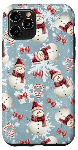 Hülle für iPhone 11 Pro Winterwunderland-Schneemänner und Zuckerstangen auf Blaugrau von Frostige Weihnachtsfest-Designs