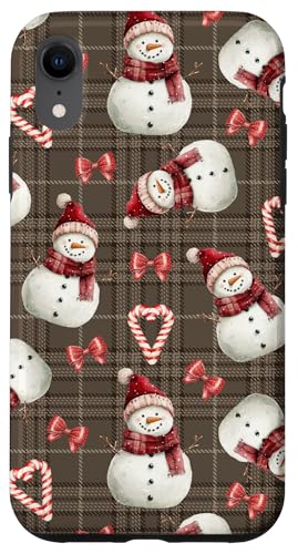 Hülle für iPhone XR Winterschneemänner und Zuckerstangen auf Vintage Brown Plaid von Frostige Weihnachtsfest-Designs