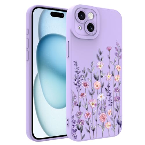 Fsoole Entworfen für iPhone 15, süßes Blumenmuster, Flüssigsilikon-Handyhülle, schlanke, weiche TPU-Schutzhülle für Damen und Mädchen, Lila von Fsoole