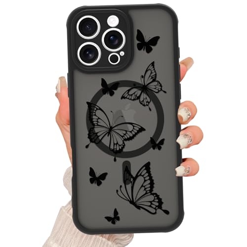 Fsoole Magnetisch für iPhone 16 Pro Max Hülle [Kompatibel mit MagSafe] Schmetterlings-Druckmuster-Design, schlanke, stoßfeste durchscheinende matte Abdeckung für Frauen und Mädchen, Schwarz von Fsoole