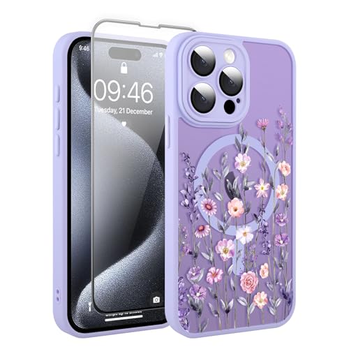 Fsoole Magnetische Schutzhülle für iPhone 15 Pro, 15,5 cm (6,1 Zoll), mit Displayschutzfolie, kompatibel mit MagSafe; hübsche Blumen-Handyhülle, stoßfeste Schutzhülle für Damen und Mädchen für iPhone von Fsoole