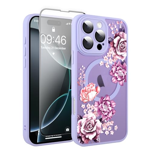 Fsoole Magnetische Schutzhülle für iPhone 16 Pro, 16 cm (6,3 Zoll), mit Displayschutzfolie [kompatibel mit MagSafe], hübsche Blumenhülle, mattiert, stoßfest, für Frauen und Mädchen, Lila von Fsoole