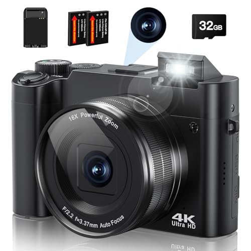 Digitalkamera 4K mit Selfie 64MP 16X Zoom Anti-Shake, Kamera Fotokamera Eingebauter Blitz für Jugendliche Einsteige, mit 32GB Micro SD Karte 2 Akkus 1 Ladegerät von Fulealfly