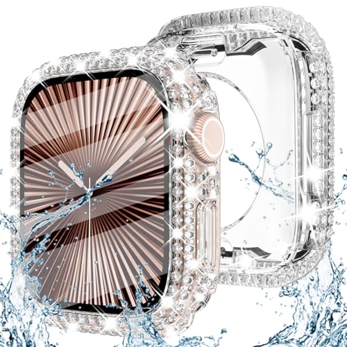 Fullife 2-in-1 wasserdichte Bling Hülle für Apple Watch Serie 10 Displayschutzfolie 42 mm, Frauen Glitzer Diamant Vorder- und Rückseite Gesicht Abdeckung 360° Rundum Hard PC Schutz für iWatch S10 (42 von Fullife