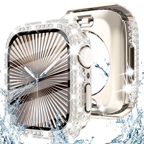 Fullife 2-in-1 wasserdichte Bling Hülle für Apple Watch Serie 10 Displayschutzfolie 42 mm, Frauen Glitzer Diamant Vorder- und Rückseite Gesicht Abdeckung 360° Rundum Hard PC Schutz für iWatch S10 (42 von Fullife