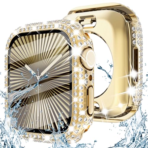 Fullife 2-in-1 wasserdichte Bling Hülle für Apple Watch Serie 10 Displayschutzfolie 46 mm, Frauen Glitzer Diamant Vorder- und Rückseite Gesichtsabdeckung 360° Rundum-Hart-PC-Schutz für iWatch S10 (46 von Fullife