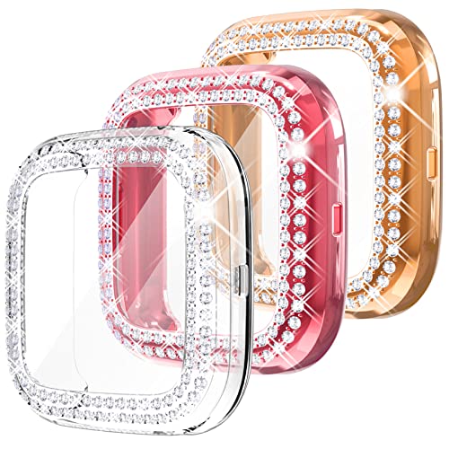 Fullife 3 Pack TPU Bumper für Fitbit Versa 2, Crystal Diamond Bling Cases HD Full Protective Case Cover Kratzfest Stoßdämpfend für Versa 2 Smartwatch Zubehör, Roségold/Rosa/Klar von Fullife