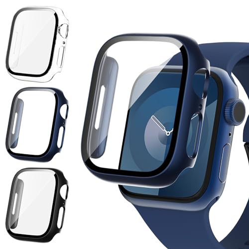 Fullife 3 Stück kompatibel mit Apple Watch Serie 8 7 45 mm Displayschutzfolie, eingebaute 9H Hartglasfolie, insgesamt harte PC-Schutzhülle für iWatch 45 mm, schwarz/blau/transparent von Fullife
