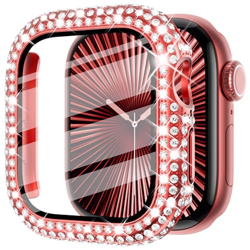 Fullife Bling Schutzhülle für Apple Watch Serie 10, Displayschutzfolie, 42 mm, Damen, Glitzer, Diamant, Strass, Stoßstange, Gesichtsabdeckung, harter PC-Schutzrahmen für iWatch-Zubehör S10 (42 mm, Rot von Fullife