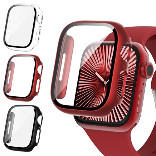 Fullife Displayschutzfolie, 46 mm, kompatibel mit Apple Watch Serie 10 mit 9H gehärtetem Glas, insgesamt stoßfeste Abdeckung, Schutzhülle für iWatch 46 mm (Schwarz/Rot/Transparent), 3 Stück von Fullife