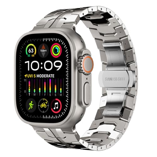 Fullife Kompatibel mit Apple Watch Armband 49mm 46mm 45mm 44mm 42mm(Serie 3 2 1),Metall Ersatzband für iWatch Ultra 2/Ultra Series 10 9 8 7 6 5 4 3 2 1 SE Edelstahl Ersatzarmbänder,Titan von Fullife