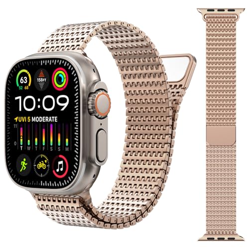 Fullife Milanese Armband Kompatibel mit Apple Watch 49mm 45mm 44mm 42mm Herren/Damen,Edelstahl Metallarmband Magnetisch Ersatzarmband für iWatch Ultra 2/Ultra Series 9 8 7 6 SE 5 4 3 2 1,Roségold von Fullife