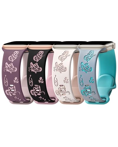 Fullmosa 4 Pack Schmetterling Armband für Apple Watch SE Armband 40mm 41mm 38mm 42mm Damen, Wasserdichtes Floral Graviertes Silikonarmband für iWatch Armband Serie 10 9 8 7 6 5 4 3 von Fullmosa