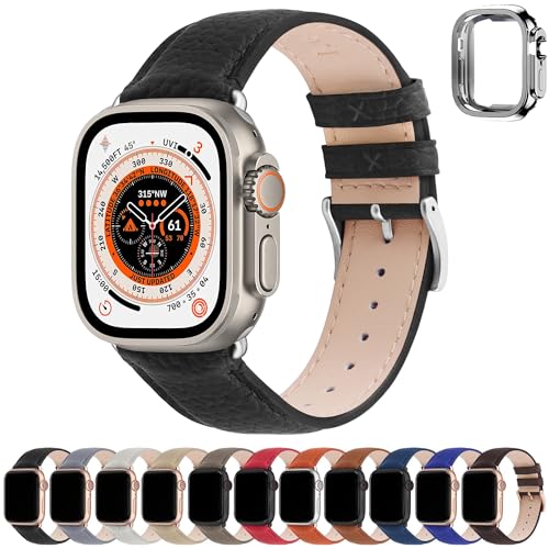 Fullmosa Kompatibel mit Apple Watch Armband 49mm 45mm 44mm 42mm,Echtes Leder Ersatzarmbänder für Damen Herren iwatch Series Ultra 9 8 7 6 SE 5 4 3 2 1, Schwarz+Silberne Schnalle von Fullmosa