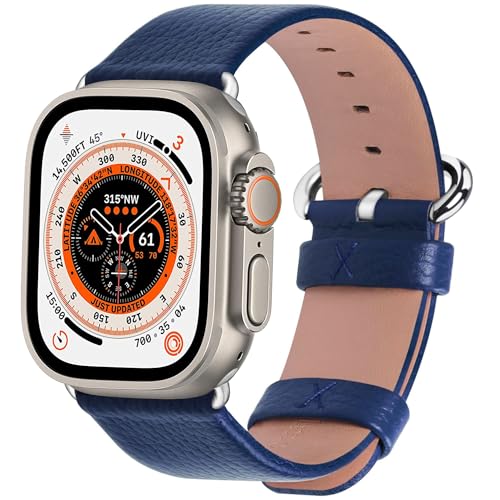 Fullmosa kompatibel mit Apple Watch Armband 45mm Series 9 8 7,Series SE Series 6/5/4 44mm,Series 3/2/1 42mm, Ultra2/Ultra 49mm, Leder Ersatzarmband für iwatch Band, Dunkelblau von Fullmosa