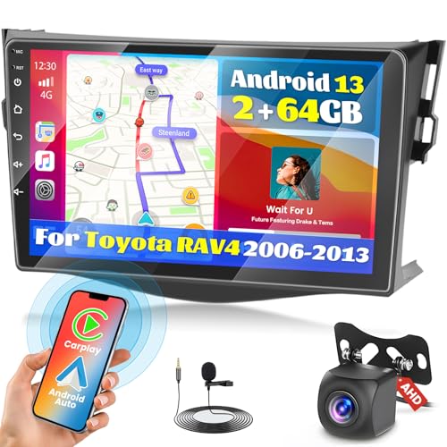 Fuluku 2+64G Android 13 Autoradio für Toyota RAV4 2006-2013 mit Drahtlosem Carplay Android Auto, 9 Zoll Bildschirm Autoradio mit Bluetooth/WiFi/GPS/Rückfahrkamera/FM/RDS/SWC/28 Sets von Themen von Fuluku