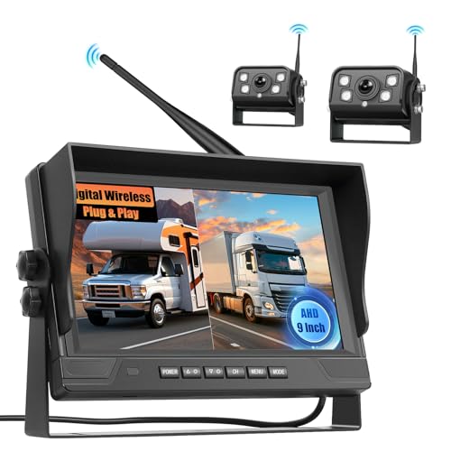 Fuluku Digital Rückfahrkamera Kabellos mit 9 Zoll HD Monitor, HD Weitwinkel Wasserdicht Nachtsicht Kennzeichenkamera，2 Funk Kamera，für 12V 24V Auto/LKW/Pkw/Pickup/SUV/Van/Wohnmobil von Fuluku