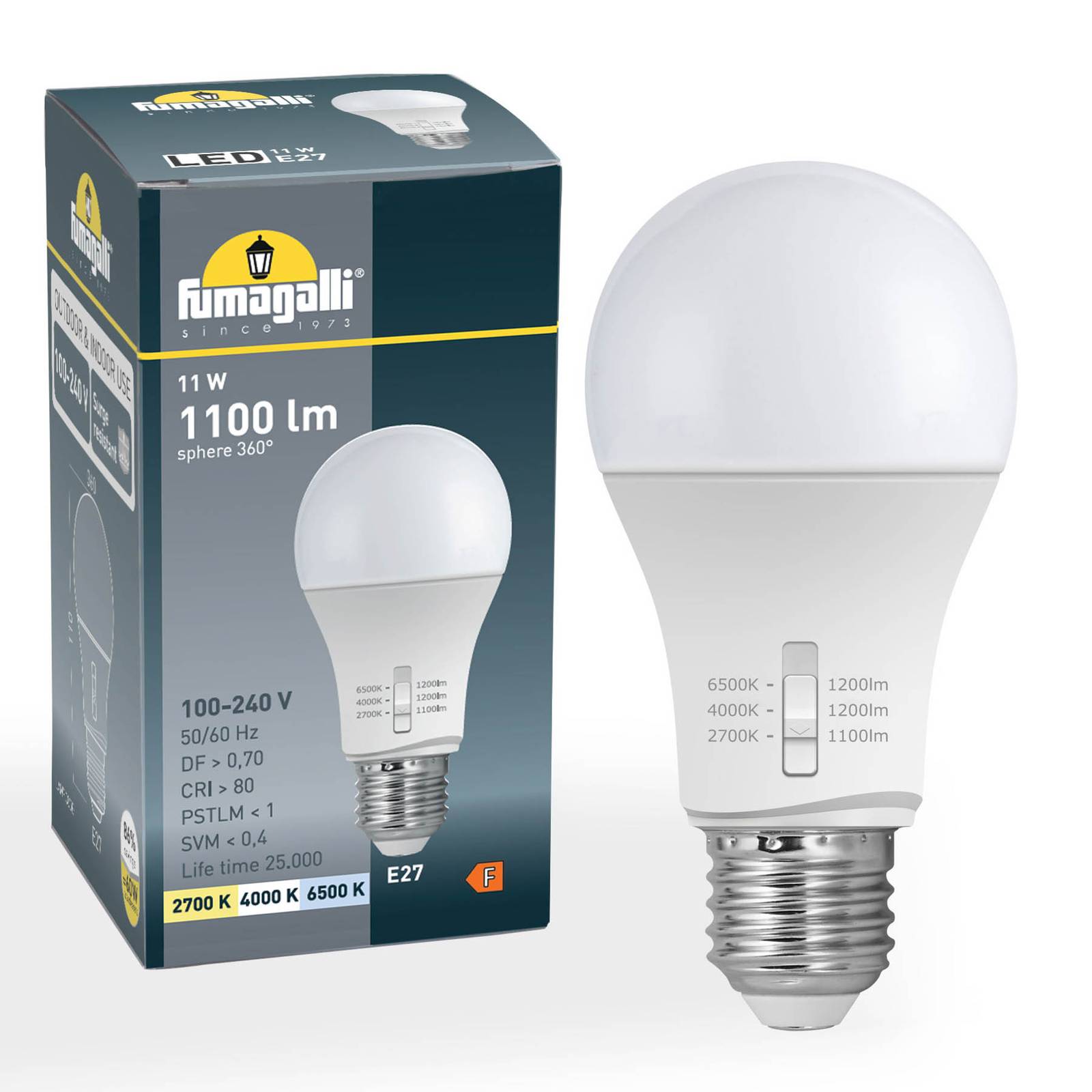 E27 11W LED-Lampe A60 CCT 2.700/4.000/6.500K von Fumagalli