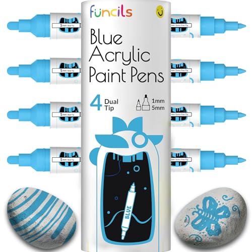 4 Dual Tip Blaue Metallic Acrylmarker - Feine & Mittlere Spitzen - Blaue Stifte für Metall, Holz, Leinwand, Stein, Keramik, Glas, Stoff, Kunststoff - Wasserbasierte, Schnelltrocknende Tinte von Funcils