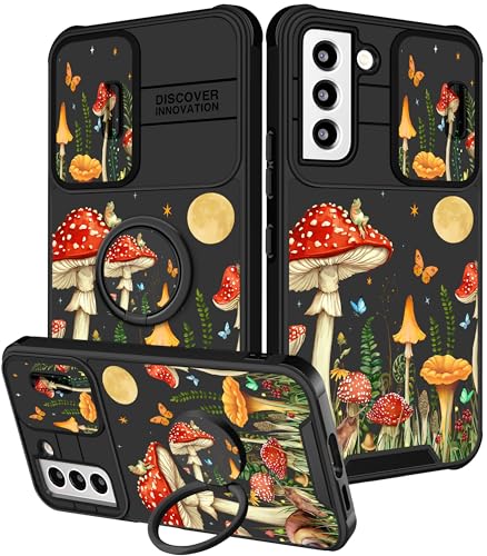 Funermei 2-in-1-Schutzhülle für Samsung Galaxy S21 FE 5G für Damen und Mädchen, niedlicher Mondpilz, hübsches Schmetterling-Design, mit Kamera-Abdeckung und Ringständer, Teen Funda für Samsung S21FE von Funermei