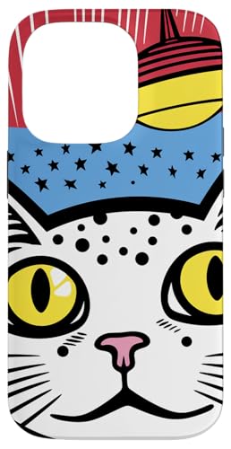 Hülle für iPhone 14 Pro Pop Art Lustige Katze mit UFOs von Funny Alien Cat Theme