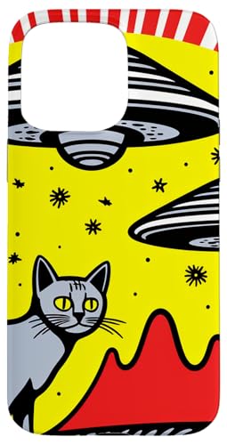 Hülle für iPhone 15 Pro Max Pop Art Lustige Katze mit UFOs von Funny Alien Cat Theme