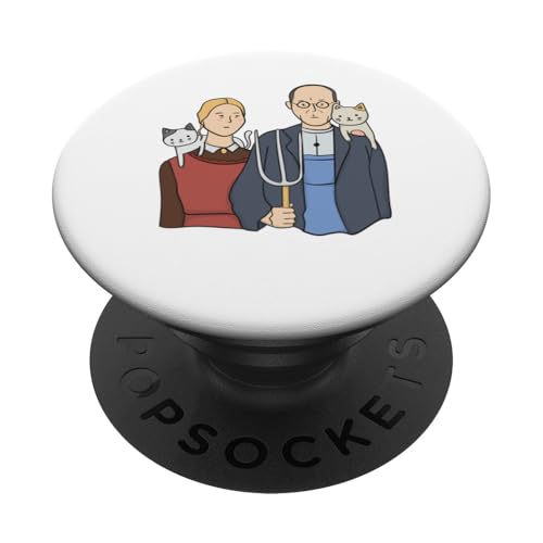 Lustige Katzen mit amerikanischem Gothic-Paar-Illustration PopSockets mit austauschbarem PopGrip von Funny Animal Classic Art Parody Designs