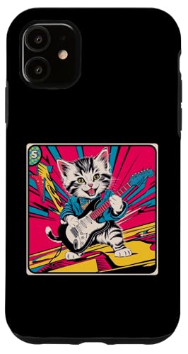 Hülle für iPhone 11 Retro Vintage Pop Art Katze spielt E-Gitarre 80er 90er Jahre Kunst von Funny Band Animal Rock Clothing Co.