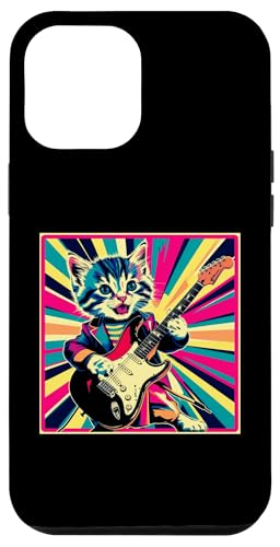 Hülle für iPhone 12 Pro Max Retro Vintage Pop Art Katze spielt E-Gitarre 80er 90er Jahre Kunst von Funny Band Animal Rock Clothing Co.