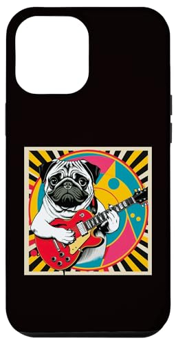 Hülle für iPhone 12 Pro Max Retro Vintage Pop Art Mops spielt E-Gitarre 80er 90er Jahre Kunst von Funny Band Animal Rock Clothing Co.