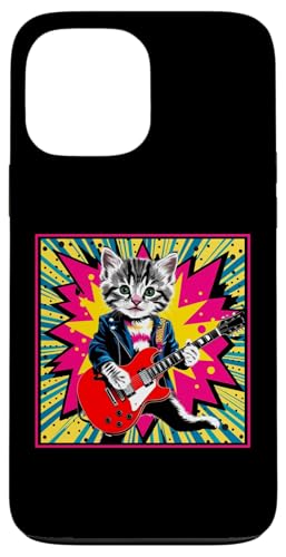 Hülle für iPhone 13 Pro Max Retro Vintage Pop Art Katze spielt E-Gitarre 80er 90er Jahre Kunst von Funny Band Animal Rock Clothing Co.