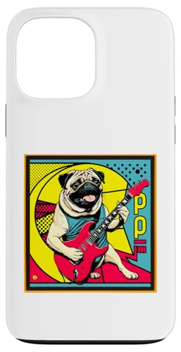 Hülle für iPhone 13 Pro Max Retro Vintage Pop Art Mops spielt E-Gitarre 80er 90er Jahre Kunst von Funny Band Animal Rock Clothing Co.