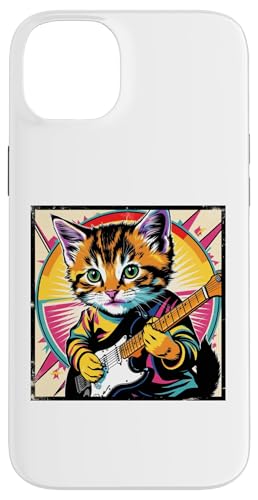 Hülle für iPhone 14 Plus Retro Vintage Pop Art Katze spielt E-Gitarre 80er 90er Jahre Kunst von Funny Band Animal Rock Clothing Co.