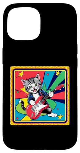 Hülle für iPhone 15 Retro Vintage Pop Art Katze spielt E-Gitarre 80er 90er Jahre Kunst von Funny Band Animal Rock Clothing Co.