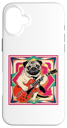 Hülle für iPhone 16 Plus Retro Vintage Pop Art Mops spielt E-Gitarre 80er 90er Jahre Kunst von Funny Band Animal Rock Clothing Co.