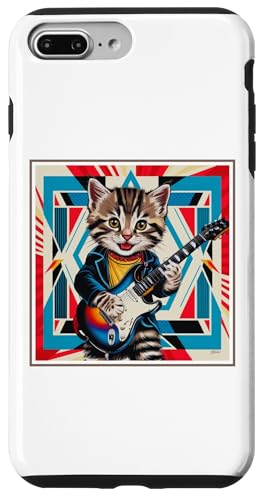 Hülle für iPhone 7 Plus/8 Plus Retro Vintage Pop Art Katze spielt E-Gitarre 80er 90er Jahre Kunst von Funny Band Animal Rock Clothing Co.