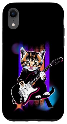 Hülle für iPhone XR Retro Vintage Pop Art Katze spielt E-Gitarre 80er 90er Jahre Kunst von Funny Band Animal Rock Clothing Co.