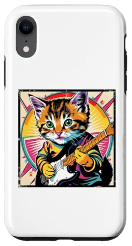 Hülle für iPhone XR Retro Vintage Pop Art Katze spielt E-Gitarre 80er 90er Jahre Kunst von Funny Band Animal Rock Clothing Co.