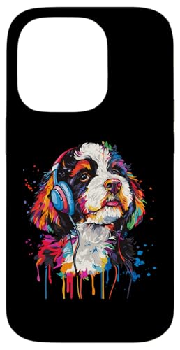 Hülle für iPhone 14 Pro Bernedoodle Pop Art trägt Kopfhörer Lustig Bernedoodle von Funny Bernedoodle Lover Designs