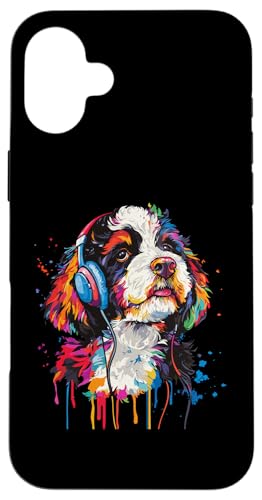 Hülle für iPhone 16 Plus Bernedoodle Pop Art trägt Kopfhörer Lustig Bernedoodle von Funny Bernedoodle Lover Designs