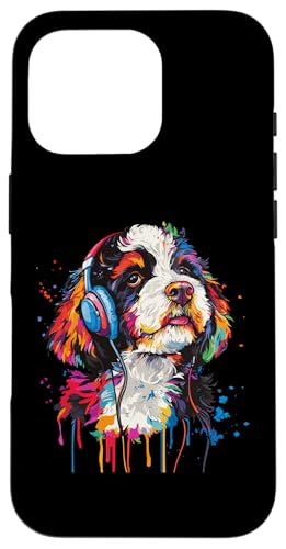 Hülle für iPhone 16 Pro Bernedoodle Pop Art trägt Kopfhörer Lustig Bernedoodle von Funny Bernedoodle Lover Designs