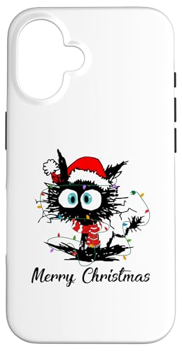 Hülle für iPhone 16 Lustige schwarze Katze mit Weihnachtsbeleuchtung von Funny Black Cat Christmas Apparel