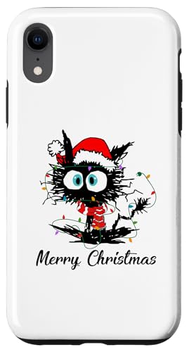 Hülle für iPhone XR Lustige schwarze Katze mit Weihnachtsbeleuchtung von Funny Black Cat Christmas Apparel